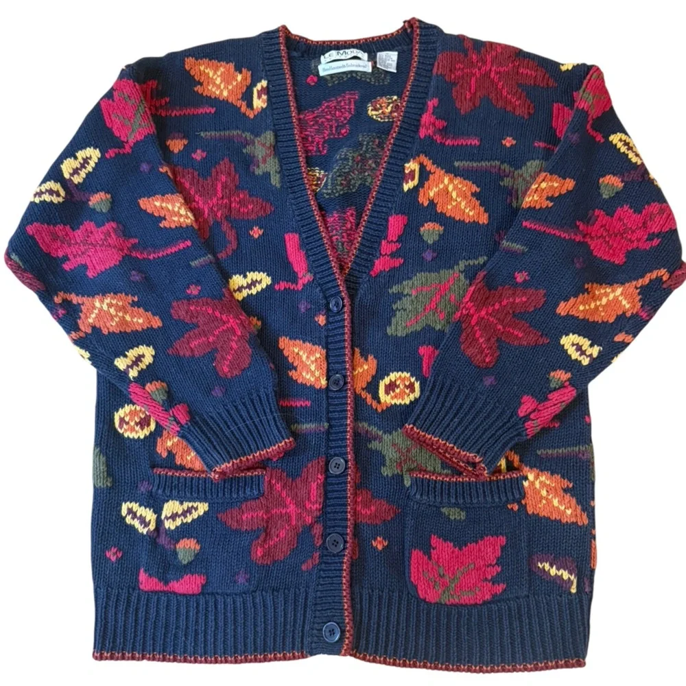 Le Moda Knitwear Hand Loomed Cotton Cardigan Leaves Fall Cottage Core Medium